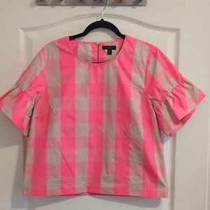 J. Crew Pink and Cream Ruffled Blouse